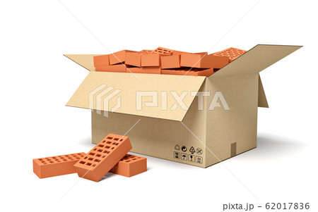 3d rendering of cardboard box full of new brown perforated bricks. 3d rendering of cardboard box full of new brown perforated bricks. 62017836