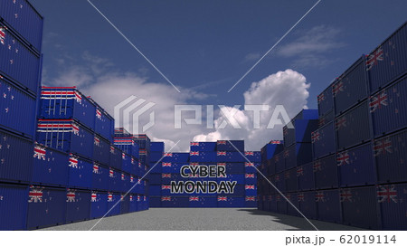 Cargo containers with CYBER MONDAY text and national flags of New Zealand. online commerce related 3D rendering 62019114