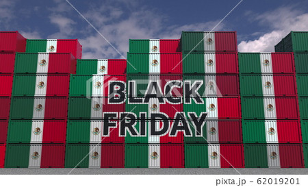 Containers with BLACK FRIDAY text and national flags of Mexico. Mexican commerce related 3D rendering 62019201