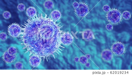 Virus is expanding on microscope view , 3D Virus is expanding on microscope view , 3D 62019234