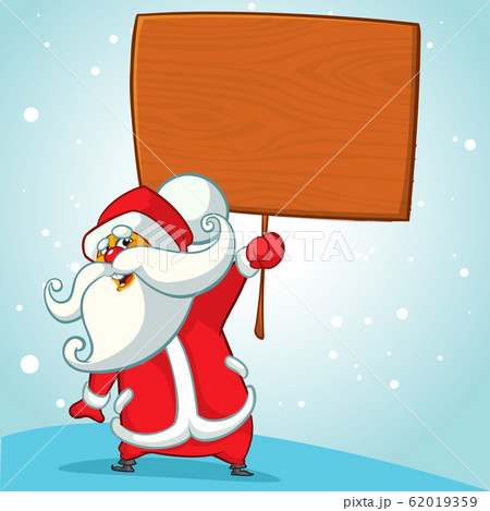 A Christmas cartoon illustration of Santa Claus holding a sign board. Vector illustration 62019359