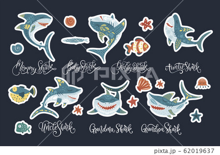Happy shark flat vector sticker set. 62019637
