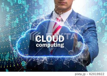 Cloud computing concept with woman pressing buttons Cloud computing concept with woman pressing buttons 62019922