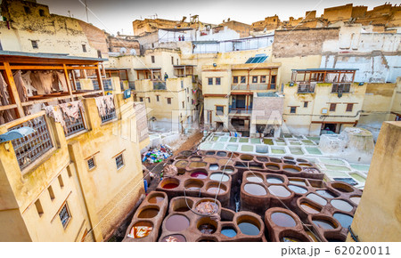 Overlooking stone vessels in tanneries, Fez, Morocco 62020011