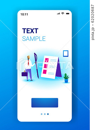 modern robot holding pen task solutions new ideas checklist with marks in check boxes business plan artificial intelligence technology concept full length smartphone screen mobile app vertical copy 62020687