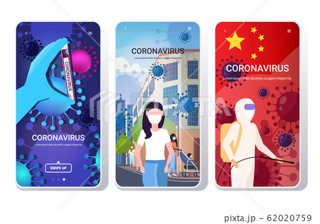 set epidemic MERS-CoV bacteria floating influenza virus cells wuhan coronavirus quarantine 2019-nCoV concepts collection smartphone screens mobile app copy space 62020759