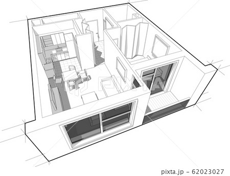 Perspective cutaway diagram of a one bedroom apartment completely furnished 62023027