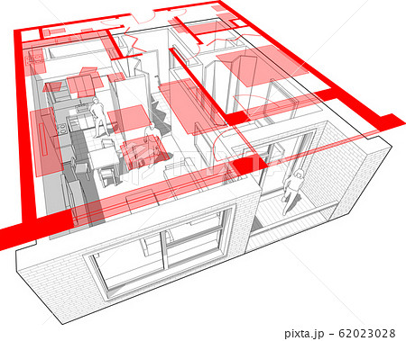 Perspective cutaway diagram of a one bedroom apartment completely furnished 62023028