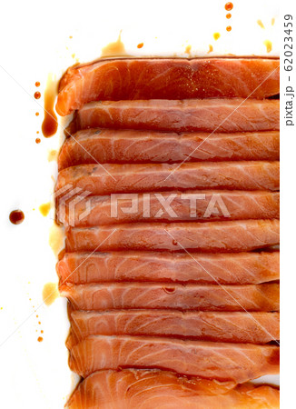 Thin Slices of Raw Salmon Fillet Isolated on White 62023459