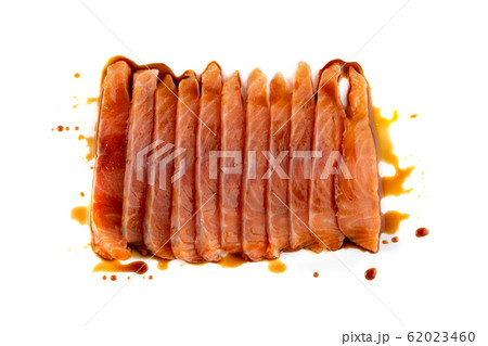 Thin Slices of Raw Salmon Fillet Isolated on White Thin Slices of Raw Salmon Fillet Isolated on White 62023460
