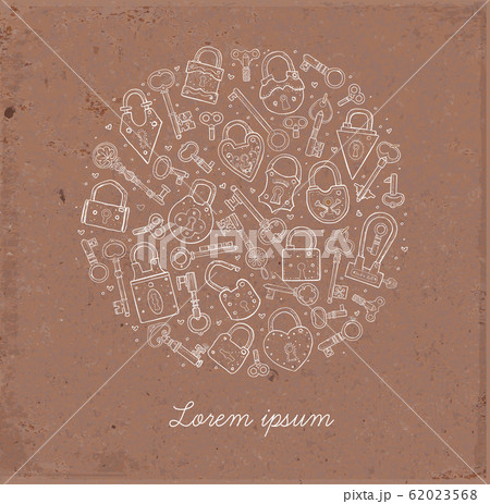 Design template with vintage doodle keys and locks on brown parcel paper background. Vector sketch illustration. 62023568