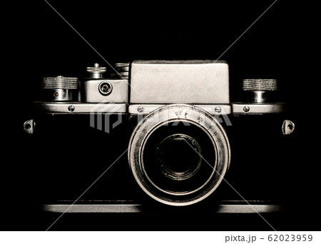 vintage camera on black background closeup 62023959