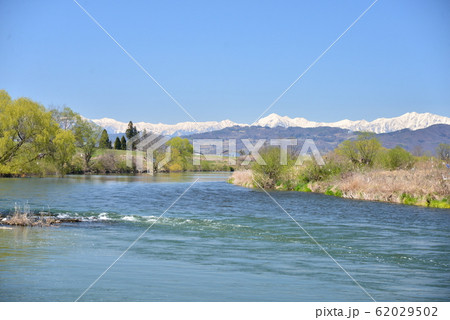早春の千曲川と雪の北アルプス 62029502