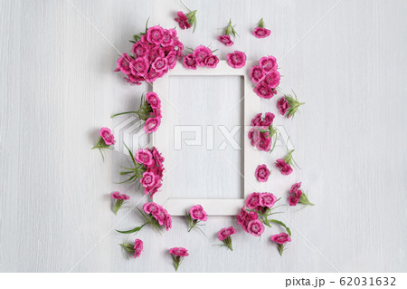 Floral arrangement with copy space. Template for greeting card or design. White wooden frame with pink carnations 62031632