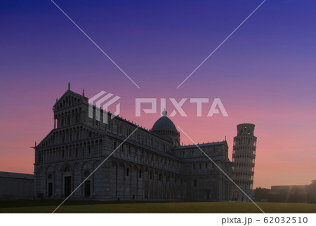 Leaning Tower of Pisa and Piazza dei Miracoli at sunset in Tuscany, Italy 62032510