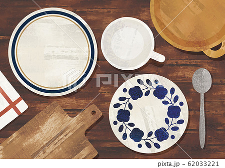 水彩の食器と木のテーブル 水彩の食器と木のテーブル 62033221