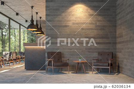 Loft style coffee shop with nature view 3d render 62036134