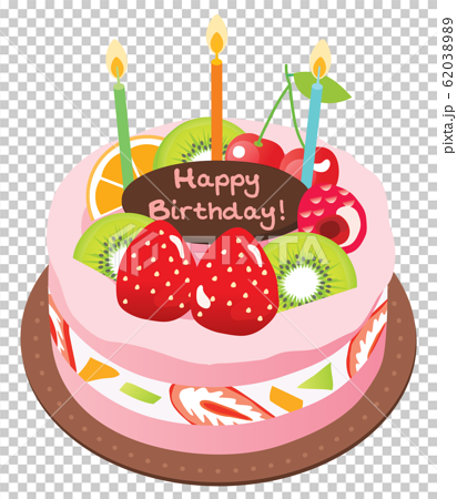 ピンク色のお誕生日のフルーツケーキのイラスト素材 63