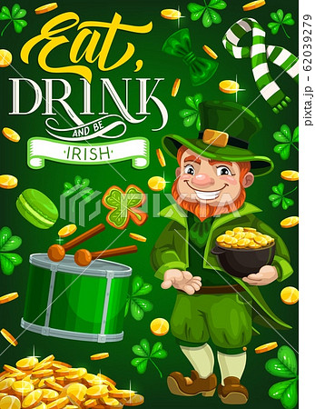 Patricks Day leprechaun, green hat and pot of gold 62039279