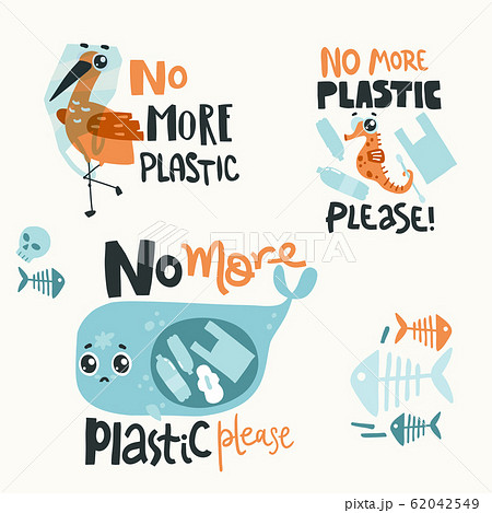 Lettering compositions with sad sea animals and plastic garbage in the ocean. No more plastic Lettering compositions with sad sea animals and plastic garbage in the ocean. No more plastic 62042549