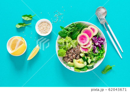 Vegan lunch bowl with quinoa, cucumber, green 62043671