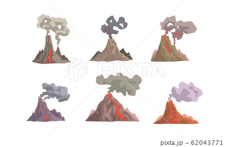 Volcano Eruption Collection, Volcano Magma Blowing up with Lava Flowing Down Vector Illustration Volcano Eruption Collection, Volcano Magma Blowing up with Lava Flowing Down Vector Illustration 62043771