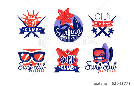 Extreme Surfing Retro Logo Design Collection, Surf Club Bright Badges, Emblems Vector Illustration 62043773