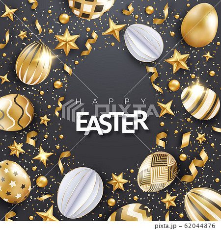 Easter black background with realistic decorated golden eggs, ribbons, stars, confetti and text. Egg frame shape. Holiday poster, flyer, banner, greeting card Easter black background with realistic decorated golden eggs, ribbons, stars, confetti and text. Egg frame shape. Holiday poster, flyer, banner, greeting card 62044876
