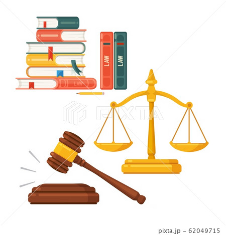Gavel, scales, law books icon set. Judge lawyer and justice concept, Vector 62049715