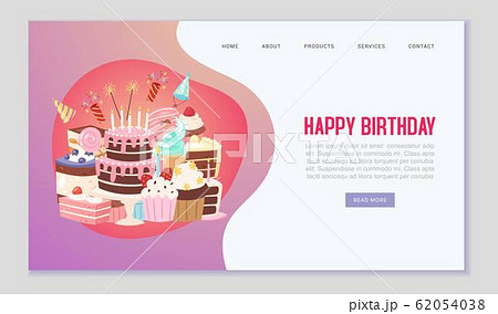 Happy birthday sweets festive web template vector illustration. Happy birthday party with sweets, cakes, candy and capcakes, carnival caps. Baking and festive goods. Happy birthday sweets festive web template vector illustration. Happy birthday party with sweets, cakes, candy and capcakes, carnival caps. Baking and festive goods. 62054038