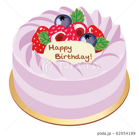 イチゴとベリーの紫色のお誕生日ケーキのイラスト素材
