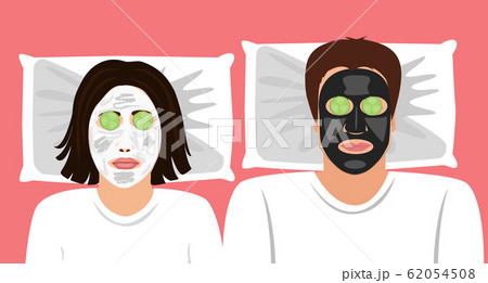 Funny Vector illustration of a married couple with clay masks on the face and cucumbers in front the ears. Spa at home. skin care. Funny Vector illustration of a married couple with clay masks on the face and cucumbers in front the ears. Spa at home. skin care. 62054508