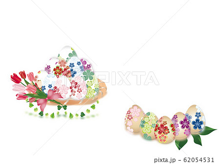 イースター和柄の卵に春の花がかごに入ったイラストの横スタイル背景素材 62054531