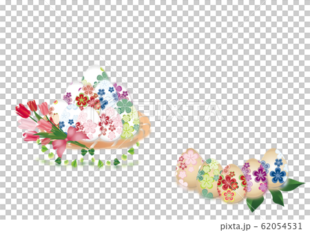 イースター和柄の卵に春の花がかごに入ったイラストの横スタイル背景素材 62054531