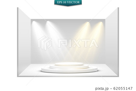 Round podium, pedestal or platform illuminated by spotlights on white background. Platform for design. Realistic 3D empty podium. Stage with scenic lights Round podium, pedestal or platform illuminated by spotlights on white background. Platform for design. Realistic 3D empty podium. Stage with scenic lights 62055147