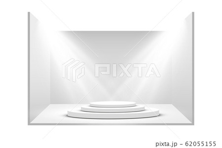 Round podium, pedestal or platform illuminated by spotlights on white background. Platform for design. Realistic 3D empty podium. Stage with scenic lights Round podium, pedestal or platform illuminated by spotlights on white background. Platform for design. Realistic 3D empty podium. Stage with scenic lights 62055155