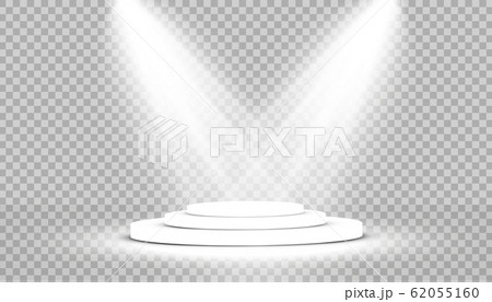 Round podium, pedestal or platform illuminated by spotlights on transparent background. Platform for design. Realistic 3D empty podium. Stage with scenic lights 62055160