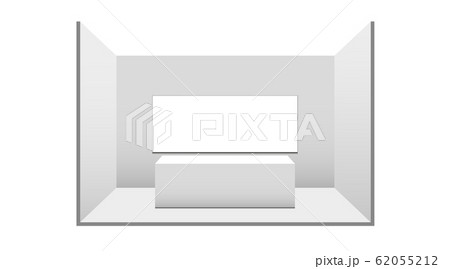 3D exhibition booth. White empty promotional stand with desk. Vector white empty geometric square. Presentation event room display. Blank box template 62055212