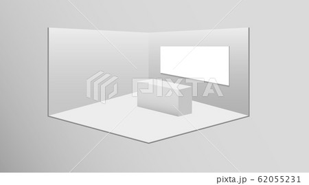 3D exhibition booth. White empty promotional stand with desk. Vector white empty geometric square. Presentation event room display. Blank box template 62055231