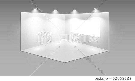 3D exhibition booth. White empty promotional stand with desk. Vector white empty geometric square. Presentation event room display. Blank box template 62055233
