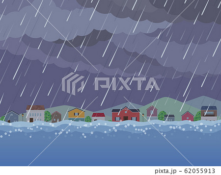 街並みの背景イラスト_雨_水没 62055913