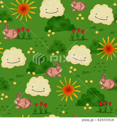 Bunnies seamless pattern. Hand drawn repeating background with brown rabbits between green bushes Bunnies seamless pattern. Hand drawn repeating background with brown rabbits between green bushes 62055916