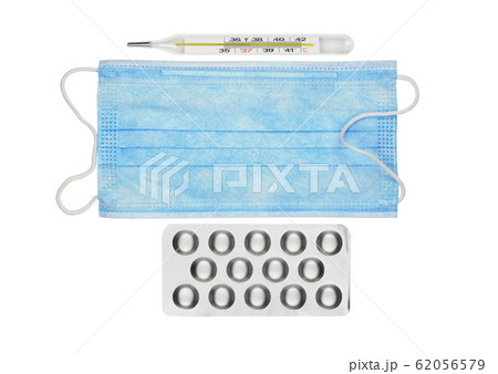 Blue medical mask, pills and mercury thermometer Blue medical mask, pills and mercury thermometer 62056579