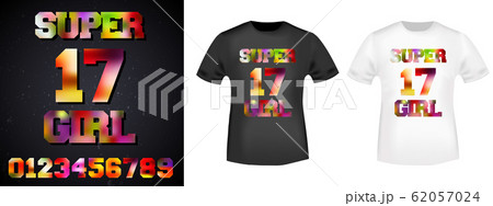 17 super girl t-shirt print stamp for tee, t shirts applique, fashion, badge, label retro clothing, jeans, and casual wear. Vector illustration 62057024