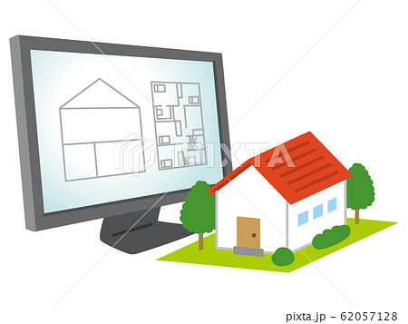 家の模型とパソコンに映った図面のイラスト素材