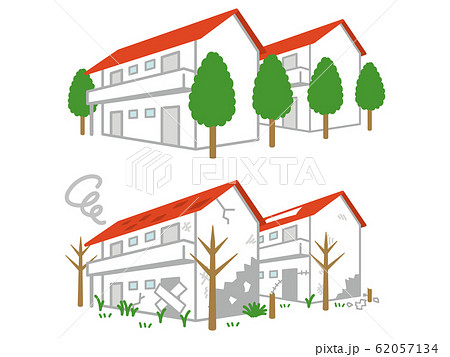 綺麗な住宅と空き家になった住宅のイラスト素材