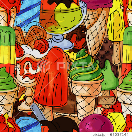 Icecream seamless pattern. Cartoon cold vanilla dessert seamlessly background vector illustration. 62057144