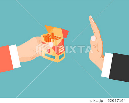 Tobacco addiction and refused hand. Hand offers cigarettes to person refuses vector illustration. Stop smoking concept 62057164