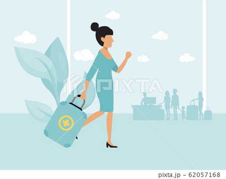 Medical tourism insurance. Abroad therapy for patients vector illustration. Woman in the airport going to flight departure for the treatment abroad Medical tourism insurance. Abroad therapy for patients vector illustration. Woman in the airport going to flight departure for the treatment abroad 62057168