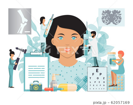 Medical examination doctors therapist, optometrist, psychotherapist and neurologist treat patient vector illustration Medical examination doctors therapist, optometrist, psychotherapist and neurologist treat patient vector illustration 62057169